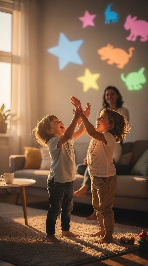 Children playing together with projected light in a living room