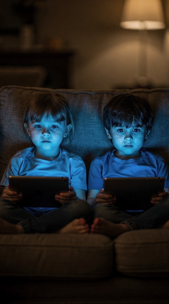 Two children absorbed in tablet screens in a dim room